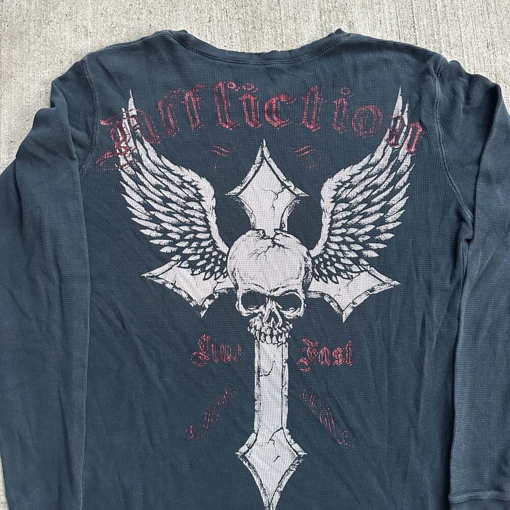 Affliction Live Fast Long Sleeve Waffle Thermal Shirt with Skull Cross Wings